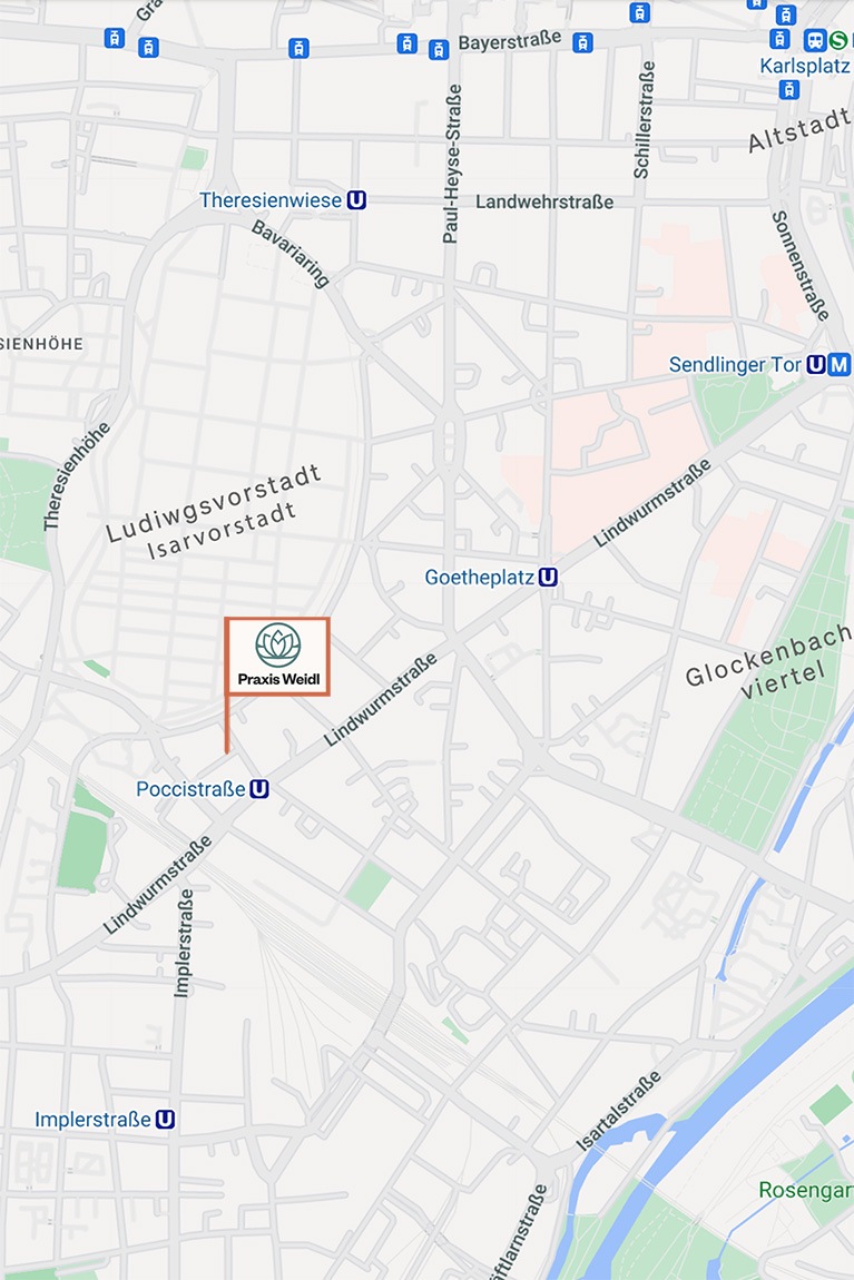 Standort der Praxis Weidl, auf einer Karte aus Google Maps markiert. Anfahrtskarte